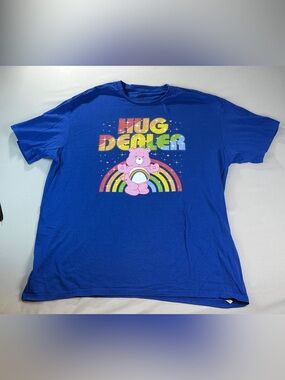 Care Bears Women’s Shirt XL Blue 'Hug Dealer' Graphic Tee Pink Bear Rainbow